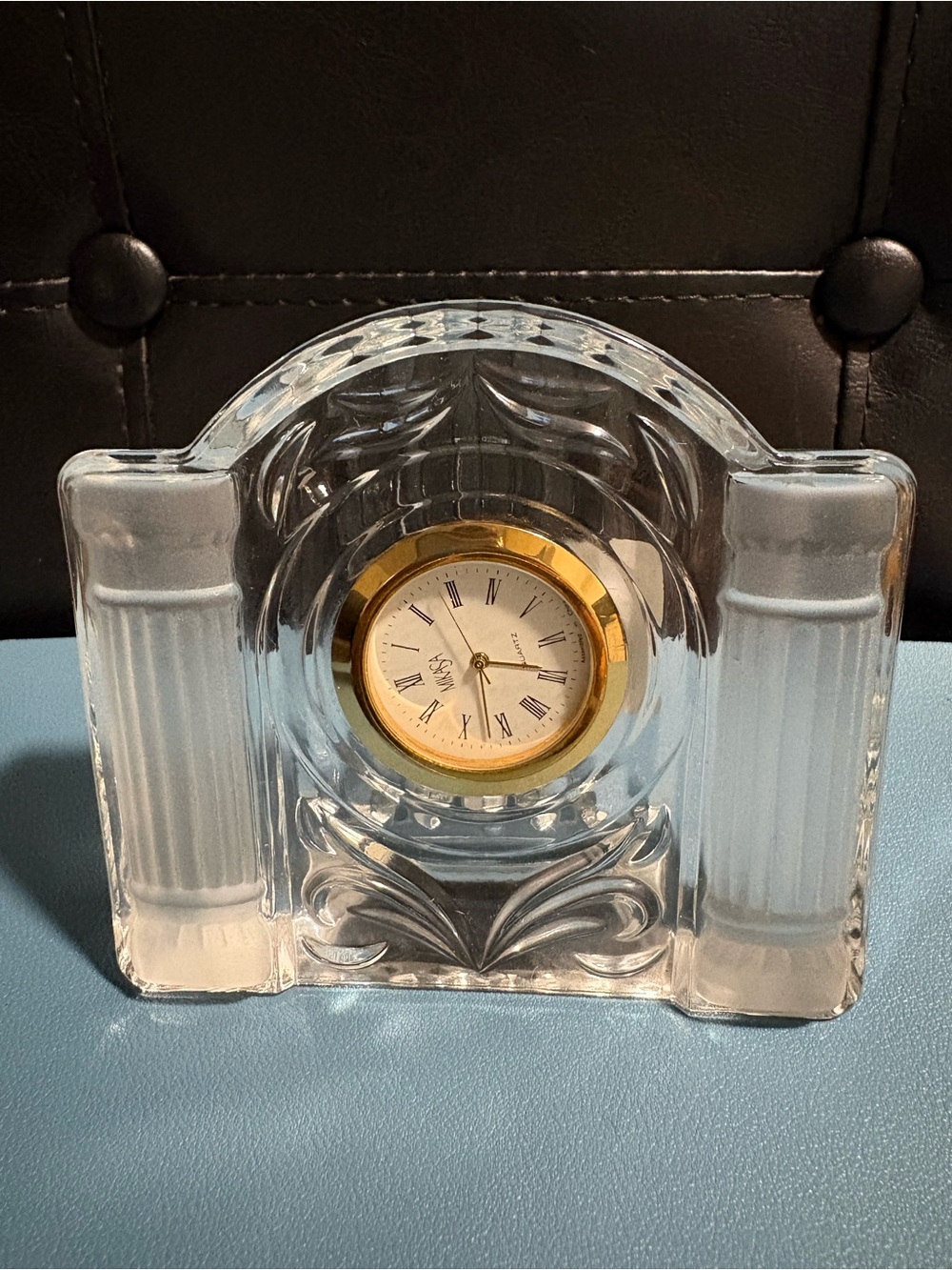 Vintage Mikasa Clear Crystal Quart Desk Clock  in the with Gold-Tone Bezel.